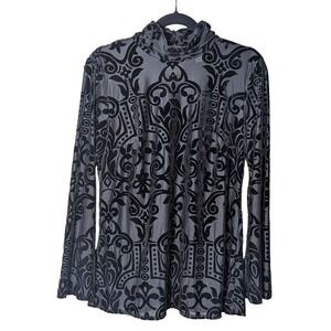 Burnout Velvet Damask‎ Top High Neck Black Long Sleeve Sheer M whimsigoth Witchy